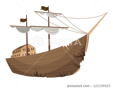 Broken ship icon. Cartoon wooden battered ship with tattered board after wreck or attack. Destroyed, wreck ship isolated on white background 122139325