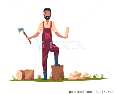A skilled lumberjack with his trusty axe situated in a beautifully depicted forest setting A skilled lumberjack with his trusty axe situated in a beautifully depicted forest setting 122139342