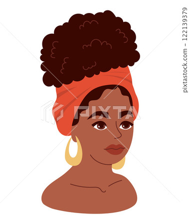 Cute African American woman with curly hairstyle and headscarf. Female ethnicity portrait avatar. Vector illustration Cute African American woman with curly hairstyle and headscarf. Female ethnicity portrait avatar. Vector illustration 122139379