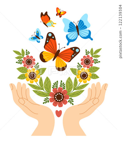 Palms of hands with flowers and leaves release colorful butterflies. Butterfly symbolizing freedom, transformation and connection with nature and beauty of environment. Vector illustration 122139384