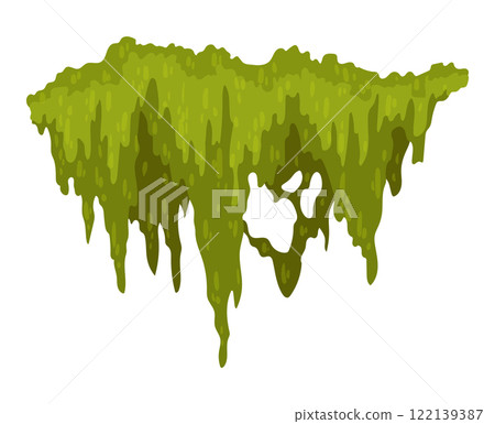 Cartoon jungle moss shape. Green swamp moss, forest hanging and creeping lichen. Rainy forest flora. Marsh plant for computer games isolated on white. Flat vector illustration Cartoon jungle moss shape. Green swamp moss, forest hanging and creeping lichen. Rainy forest flora. Marsh plant for computer games isolated on white. Flat vector illustration 122139387
