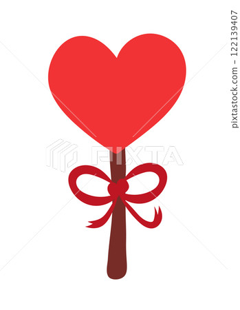 Red lollipop in the shape of a heart with a ribbon. Dessert for valentine day. Vector flat illustration. Red lollipop in the shape of a heart with a ribbon. Dessert for valentine day. Vector flat illustration. 122139407