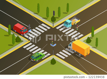 Isometric Illustration Depicting a Detailed and Busy Urban Intersection Surrounded by Vehicles 122139438