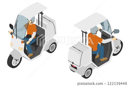 Isometric illustration: Set of men delivering by courier bike Isometric illustration: Set of men delivering by courier bike 122139449