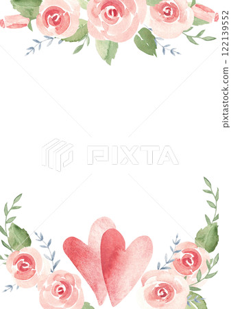 Valentines Day, Wedding Square vertical Frame, Border. Card Template with Couple of Hearts and Pink Roses and Branches. Simple painting isolated on a white background. Love and Romantic illustration 122139552