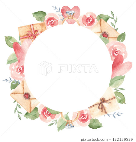Valentine's Day Circle Frame with craft Envelopes, vintage Letters, Present and a pink Hearts and Roses. Diamond Engagement Ring. Watercolor hand drawn illustration in pastel colors isolated on a 122139559