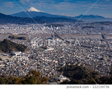 Mount Fuji overlooking the sprawling center of Shizuoka 122139736