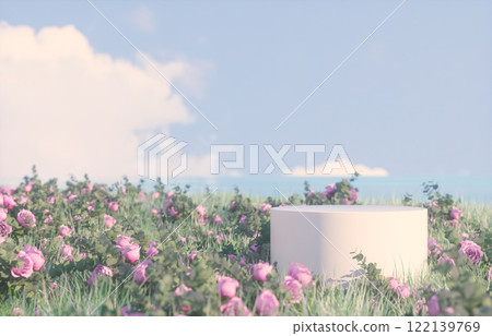 Natural beauty podium backdrop with spring rose flowers scene. 3d rendering. Natural beauty podium backdrop with spring rose flowers scene. 3d rendering. 122139769