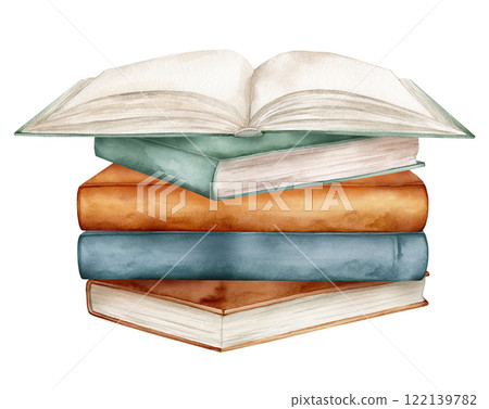 Set of books watercolor illustration isolated on white background. Open books brown green colors. Stack of books clipart. Vintage old textbooks watercolor hand drawn. minimalist style design Set of books watercolor illustration isolated on white background. Open books brown green colors. Stack of books clipart. Vintage old textbooks watercolor hand drawn. minimalist style design 122139782