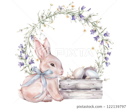 Happy Easter card with watercolor cute rabbits or bunny with light blue bow, paint eggs, willow and wreath of yellow buttercup and little flower violet bluebell. Easter watercolor posters pastel color 122139797
