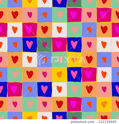 Seamless vector checkered pattern tile background. Hand drawn checkerboard with colorful hearts. Valentines day colored checkers. Good for textile print 122139889