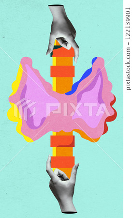 Abstract colorful thyroid gland surrounded by hands, symbolizing endocrine health and medical care. Conceptual art design. Abstract colorful thyroid gland surrounded by hands, symbolizing endocrine health and medical care. Conceptual art design. 122139901