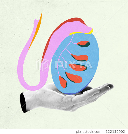 Abstract colorful illustration depicts human hand holding vibrant, stylized ovary with a prominent fallopian tube. Conceptual art design. 122139902