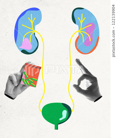 Abstract kidney illustration with vibrant colors, surrounded by monochrome hand holding pill pack. Nephrology and healthcare. Conceptual art design. Abstract kidney illustration with vibrant colors, surrounded by monochrome hand holding pill pack. Nephrology and healthcare. Conceptual art design. 122139904