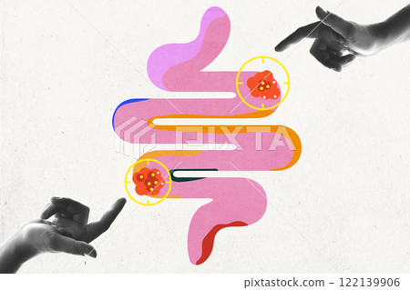 Abstract illustration of digestive system with highlighted areas of concern, surrounded by monochrome pointing hands. Conceptual art design. Abstract illustration of digestive system with highlighted areas of concern, surrounded by monochrome pointing hands. Conceptual art design. 122139906
