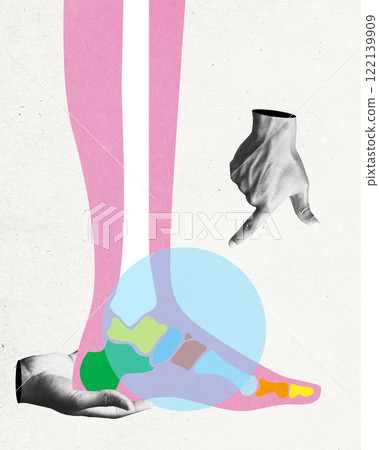 Stylized illustration of foot with highlighted anatomical bones, supported by hand. Orthopedic care themes. Conceptual art design. 122139909