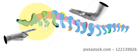 Artistic representation of human spinal column with colorful abstract elements and hands. Medical and anatomical themes. Conceptual art design. 122139926