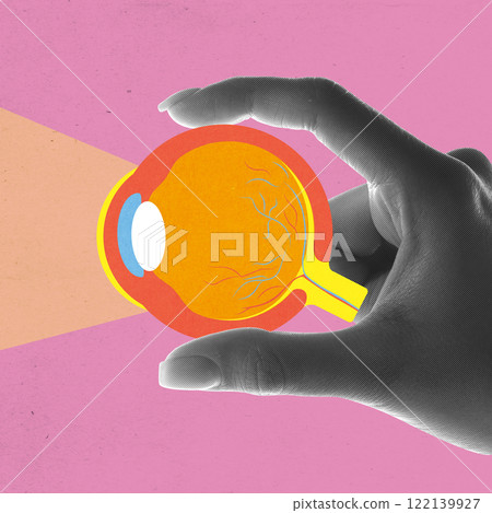 Human hand and vibrant depiction of eyeball anatomy against pink background. Vision. Conceptual art design. 122139927