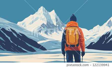 Traveler with a backpack standing in front of a snowy mountain landscape 122139941