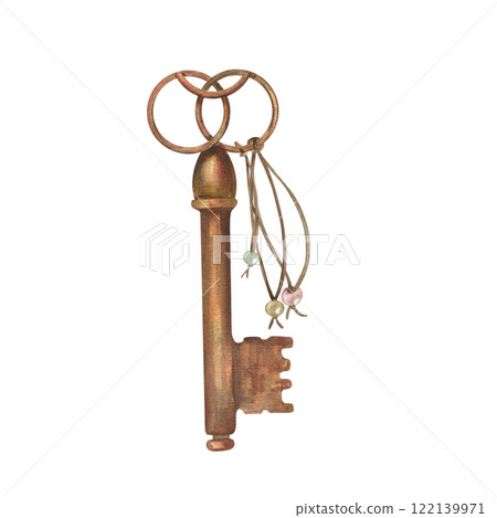 Watercolor vintage antique bronze key with with string illustration. Shabby rusty texture element, rope with beads with hand drawn composition for Valentine day, wedding card, retro design 122139971