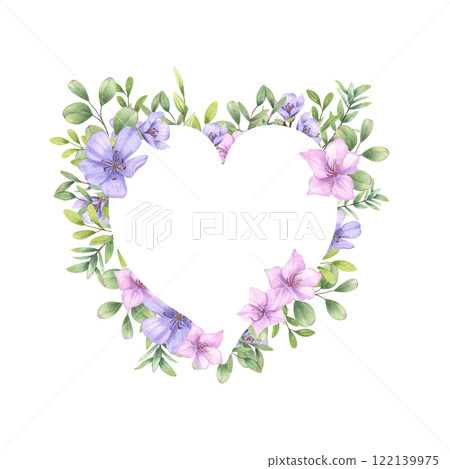 Blue pink flowers with leaves frame in heart shape illustration. Spring wildflowers, green eucalyptus foliage Valentine day composition with empty space for text. For greeting cards, invitation Blue pink flowers with leaves frame in heart shape illustration. Spring wildflowers, green eucalyptus foliage Valentine day composition with empty space for text. For greeting cards, invitation 122139975