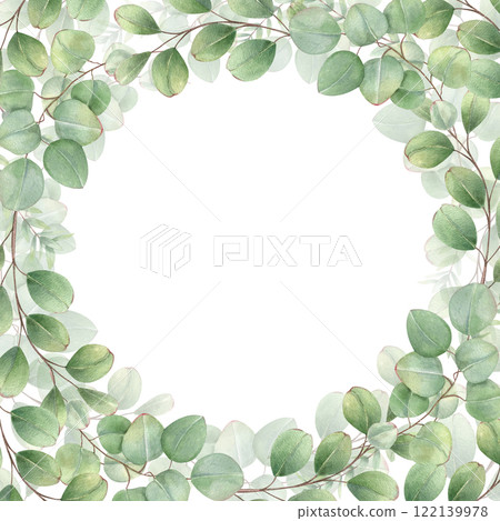 Watercolor green leaf eucalyptus branch square frame isolated background. Silver dollar greenery floral illustration with copy space for text. For wedding invitation, stationary, thank you card. Watercolor green leaf eucalyptus branch square frame isolated background. Silver dollar greenery floral illustration with copy space for text. For wedding invitation, stationary, thank you card. 122139978