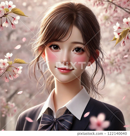 A high school girl smiling gently amidst the falling cherry blossoms 122140040