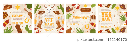 Wild West Party Invitation Design with Western Icons, Cowboy Hats, Cacti, Boots, and Saloon Elements, Perfect for Social Media Post, and Themed Celebrations Wild West Party Invitation Design with Western Icons, Cowboy Hats, Cacti, Boots, and Saloon Elements, Perfect for Social Media Post, and Themed Celebrations 122140170