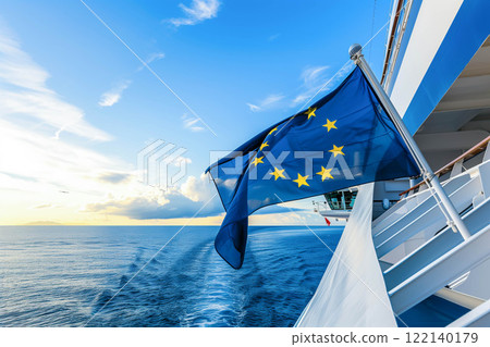 EU flag and cruise travel tour with blue sky. EU flag and cruise travel tour with blue sky. 122140179