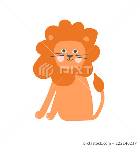 Cute lion illustration with an orange mane and friendly expression. Perfect for jungle, safari, and wildlife-themed designs showcasing majestic animals Cute lion illustration with an orange mane and friendly expression. Perfect for jungle, safari, and wildlife-themed designs showcasing majestic animals 122140237