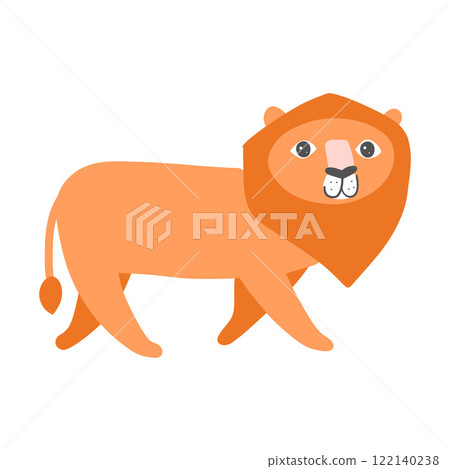 A bold lion with a vibrant orange mane, standing confidently. Ideal for safari, wildlife, and natural jungle-themed artwork and illustrations 122140238