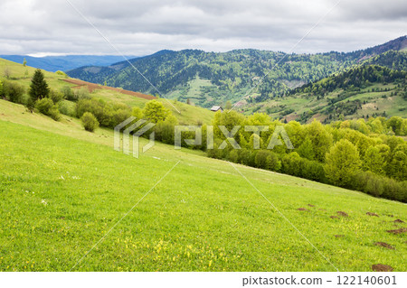 countryside mountain landscape in spring. season change. cloudy weather. field and forest on the hill. rolling rural scenery. distant borzhava ridge countryside mountain landscape in spring. season change. cloudy weather. field and forest on the hill. rolling rural scenery. distant borzhava ridge 122140601
