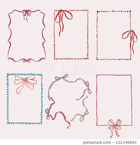 Vector frame set of blue and red bows. Hand-drawn gift bow isolated on white background. Holiday illustration for design, print, fabric or background. Vector frame set of blue and red bows. Hand-drawn gift bow isolated on white background. Holiday illustration for design, print, fabric or background. 122140603