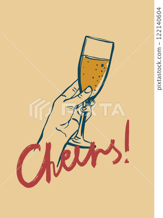 Vector alcohol poster with wine and hand-letter motivation phrase Cheers. Hand-drawn linear card isolated on beige background. Tasty wine illustration for design, print, fabric or background. 122140604