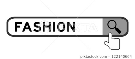 Search banner in word fashion with hand over magnifier icon on white background 122140664