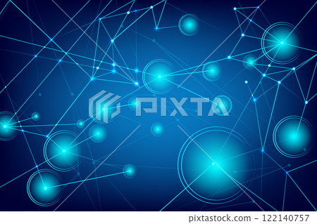 Dynamic network of interconnected nodes and circles, forming futuristic design, illustrating advanced technology and data interaction. 122140757