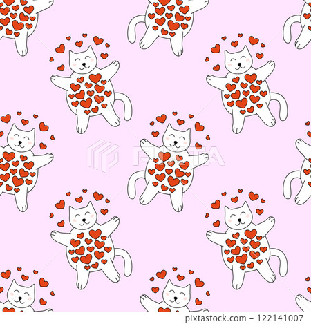 Seamless Pattern with Valentine day Cat character and hearts. Vector flat illustration. 122141007