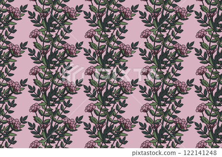 Botanical abstract seamless pattern whit plant and flowers vector illustration. Repeating floral print in retro green purple pastel colors. Graphic design for Wallpaper Wedding Cover Wrapping Textile 122141248