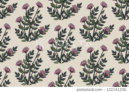 Botanical abstract seamless pattern whit plant and flowers vector illustration. Repeating floral print in retro green purple pastel colors. Graphic design for Wallpaper Wedding Cover Wrapping Textile 122141250