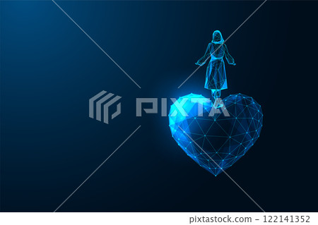 Woman silhouette stands on glowing polygonal heart on dark blue background. Love, self care, empathy 122141352