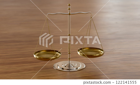 Scales of Justice. Golden balance scale on a wooden table. Sign of justice, lawyer. 3d rendering 122141555
