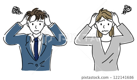 Simple line drawing of a man and woman holding their head Simple line drawing of a man and woman holding their head 122141686