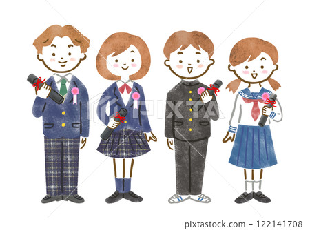 Illustration of male and female junior and senior high school students wearing uniforms and holding diplomas 122141708