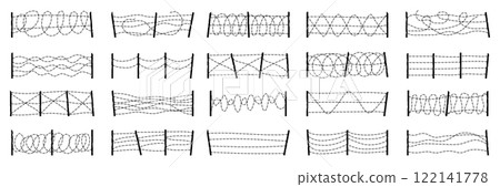 Barbed wire fences. Danger zone borders from steel barbed wire recent vector military fences and entrance silhouettes 122141778