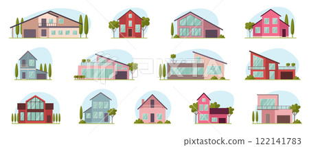 Residential buildings. Modern village houses recent vector cottage in flat style 122141783