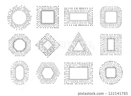 Cpu borders. Electronic chip stylized frames recent vector template of different shapes with micro scheme designs Cpu borders. Electronic chip stylized frames recent vector template of different shapes with micro scheme designs 122141785