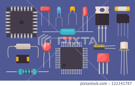 Electric components. Semiconductor transistor different microelements for electric hardware recent vector flat illustrations 122141787