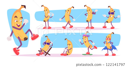 Banana. Cute fruit characters with emotions exact vector mascot banana in action poses cartoon template 122141797