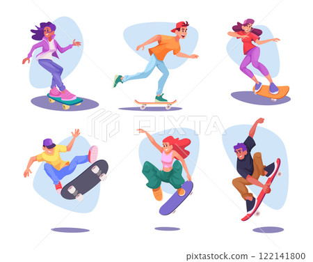 Skateboarders. Urban lifestyle of teenagers skateboarders exact vector boys and girls in action poses making different tricks 122141800