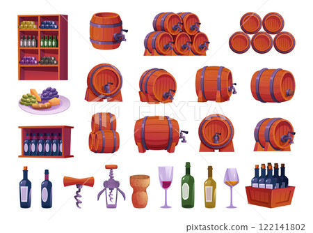 Wine industry. Alcohol production tools wine alcohol tank storage bottles barrels exact vector cartoon set Wine industry. Alcohol production tools wine alcohol tank storage bottles barrels exact vector cartoon set 122141802